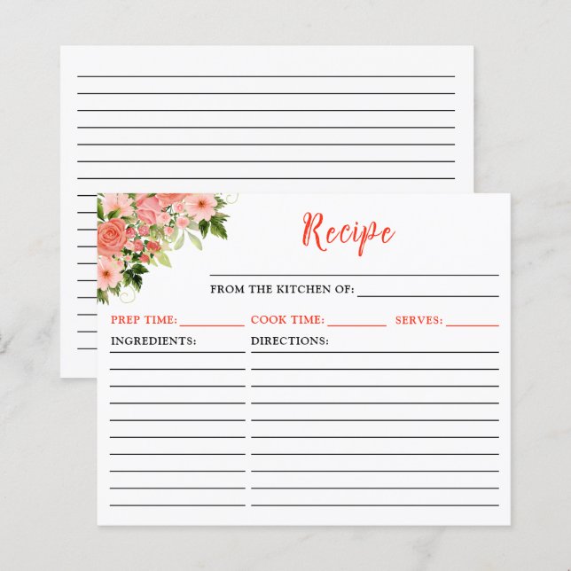 Koralröda rosor Blommig receptkort (Fram/baksida)