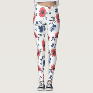 Koralröda vallmoshavsblå blomster botanisk leggings