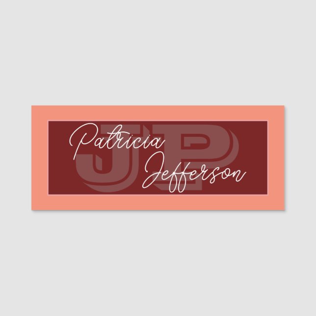 Koralros Mörkröd Monogram Stilskt Handskrift Namnbricka (Framsida)