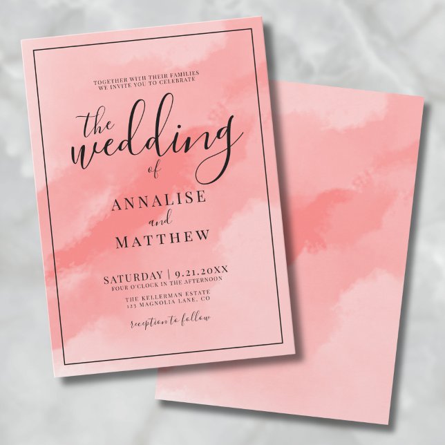 Koralrosa Enkel Elegant Akvarell Bröllop Inbjudningar (Coral Pink Simple Elegant Watercolor Wedding Invitation)