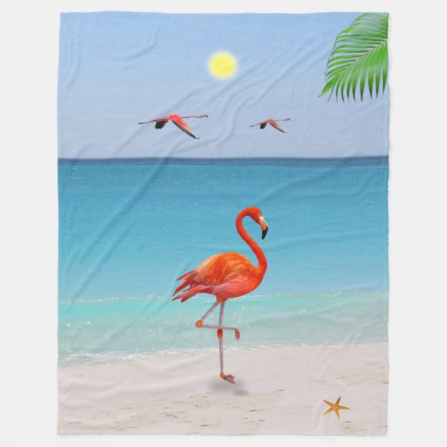 Koralrosa flamingo & palmblad på stranden fleecefilt (Framsidan)