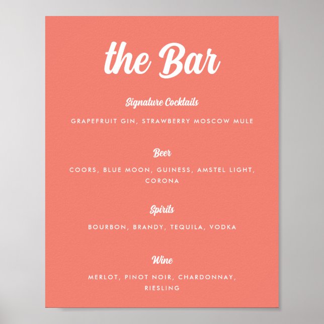 Koralrosa modern skriftlig meny för bröllopsbar poster (Framsidan)