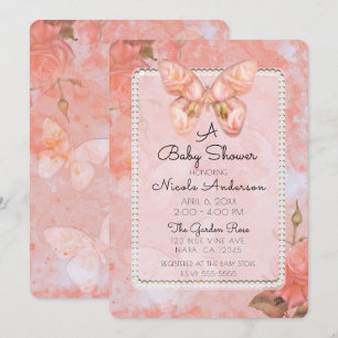 Koralrosa Vintage Fjäril Ros Baby Shower Inbjudningar
