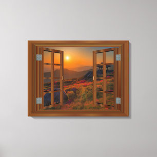 Koreansk buddistisk Temple Faux Window View Sunset Canvastryck