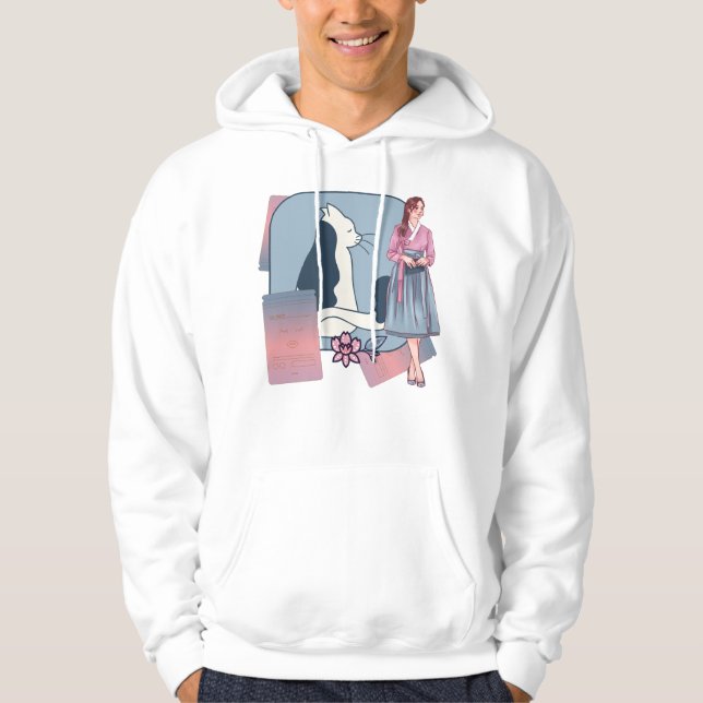 Koreansk Hanbok Dam & Minimalistisk Katt Hoodie (Framsida)