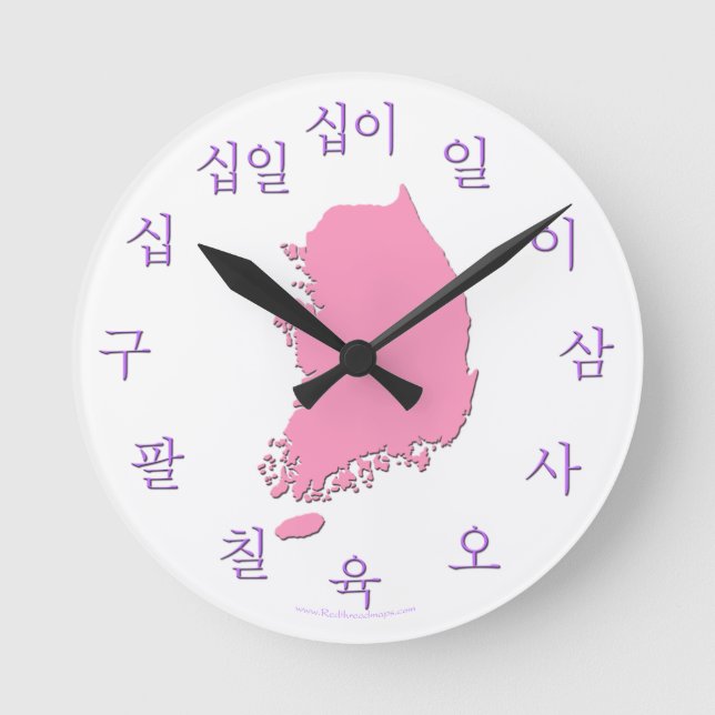 Koreansk hangul-klocka med Karta - Lila och Rosa Rund Klocka (Framsida)