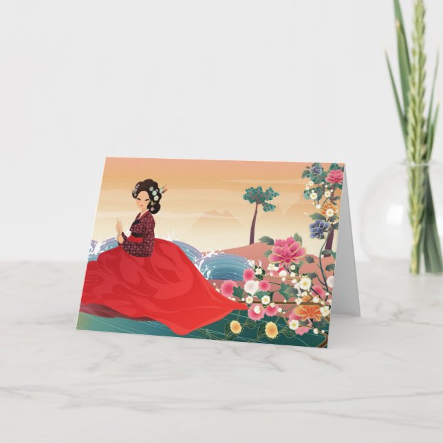 Koreansk kvinna som bär en hanbok kort (Framsida)