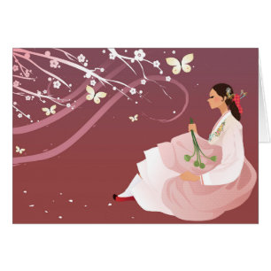 koreansk kvinna som ha på sig en hanbok hälsningskort
