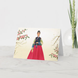 Koreansk kvinna som ha på sig en hanbok kort