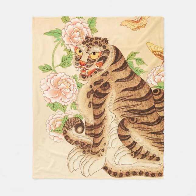 Koreansk Randig Tiger Vintage Minhwa Fleecefilt (Framsidan)