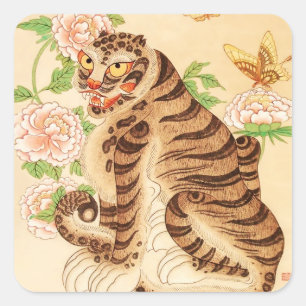 Koreansk Randig Tiger Vintage Minhwa Fyrkantigt Klistermärke