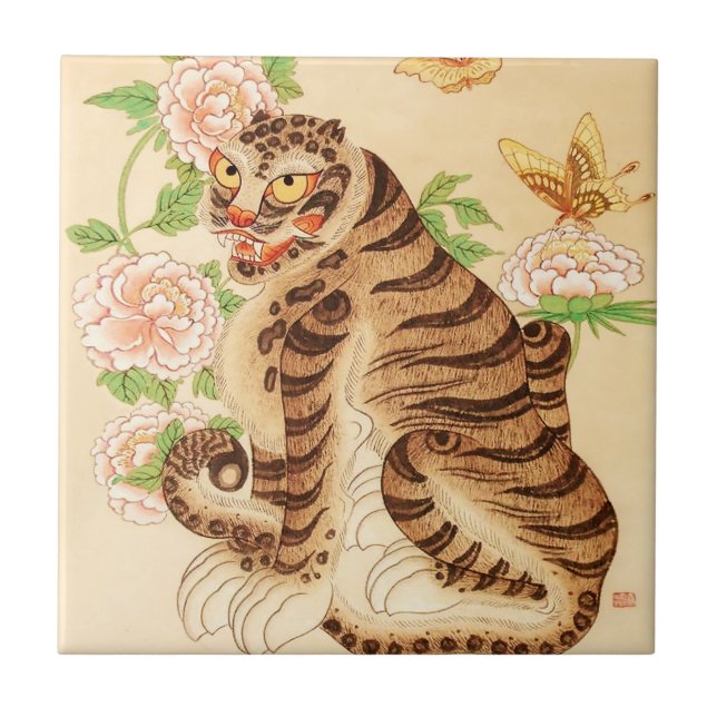 Koreansk strimlad tigerVintage Minhwa Kakelplatta (Framsidan)