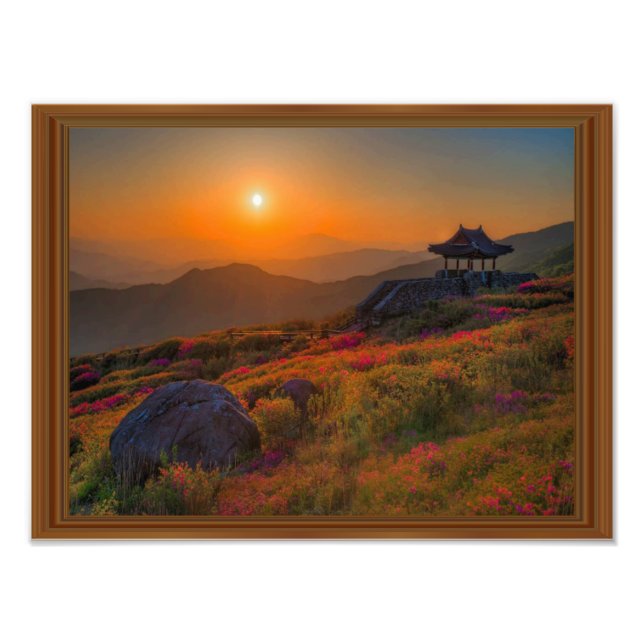 Koreanska hösten Sunset Temple Wood Ram Fototryck (Framsidan)