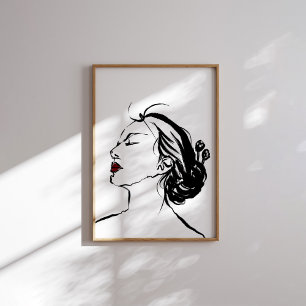 Koreanska kvinnoprofilens Bläck Art med Röda Läppa Poster