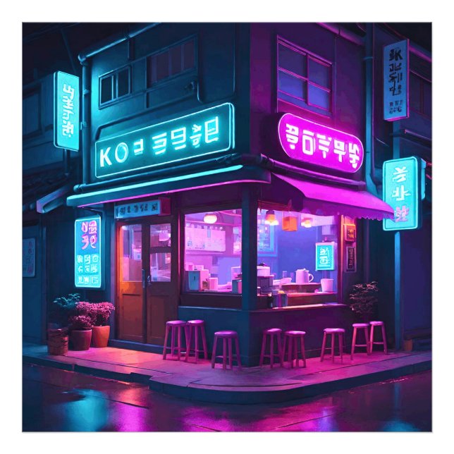 Koreanska Neon Coffee House LoFi Art Fototryck (Framsidan)