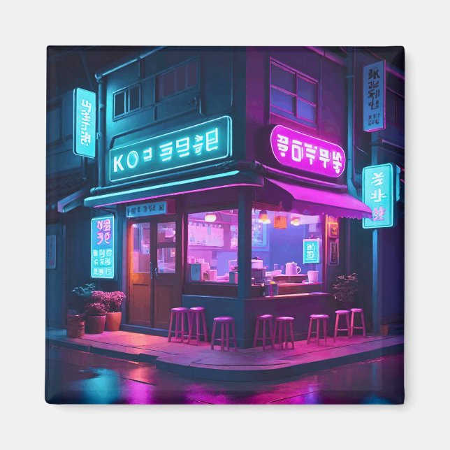 Koreanska Neon Coffee House LoFi Art Magnet (Framsidan)