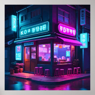 Koreanska Neon Coffee House LoFi Art Poster
