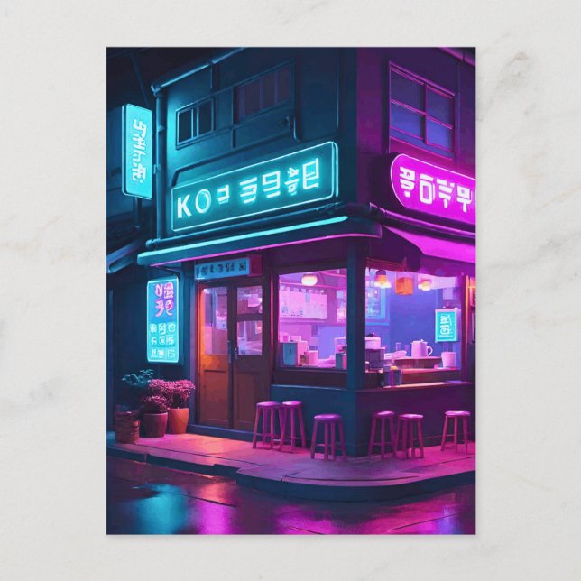 Koreanska Neon Coffee House LoFi Art Vykort (Framsida)