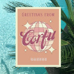 Korfu Greece Retro Vintage Party vykort<br><div class="desc">Korfu Greece,  Retro Vintage Design med ett disco boll i rosa och aprikopersikor. Detta vackra vykort är ett hälsningskort för perfekten för invånare,  besökare,  turister eller fläkt.</div>