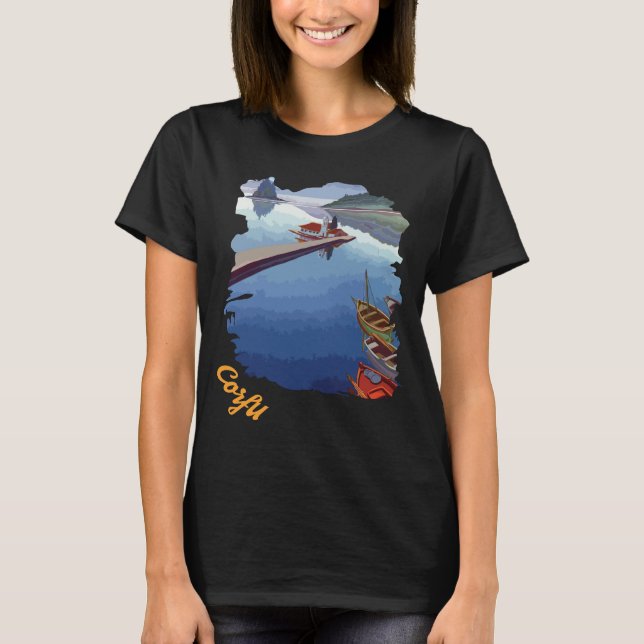Korfu Grekland Kusthamn Blå Resa T Shirt (Framsida)