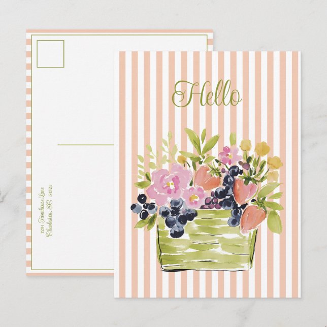 Korg med akvarellfrukter och blommor på ränder vykort (Fram/baksida)