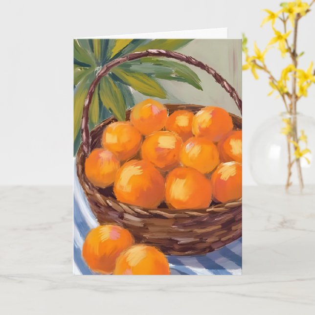 Korg med apelsiner frukt citrus målning kort (Gul blomma)