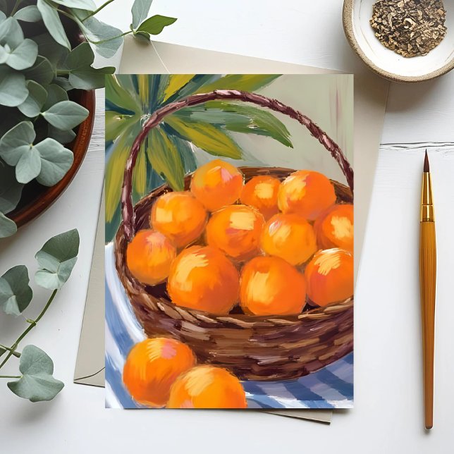 Korg med apelsiner frukt citrus målning vykort (Skapare uppladdad)