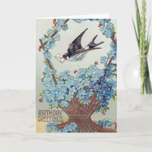 Korg med blå blommor Fågel Födelsedag Kort