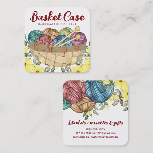 Korgen av stickade nål-basket av garn fyrkantigt visitkort (Fram/baksida)