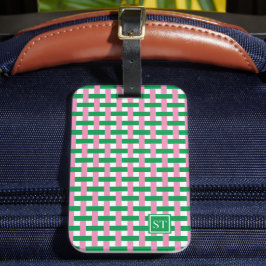 Korgfläta i rosa och grön monogram bagagebricka