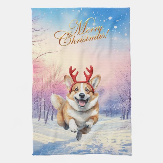 Korgi Reindeer, julklare som leapade i snö Kökshandduk (Vertikal)