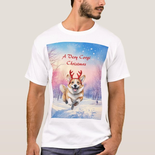 Korgi Reindeer, julklare som leapade i snö T Shirt (Framsida)