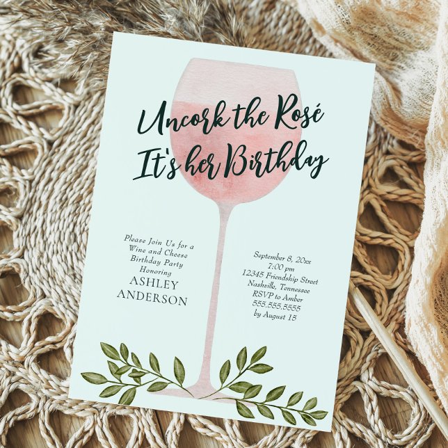 Korka upp rosévin Vattenfärg Födelsedagsfest Inbjudningar (Skapare uppladdad)