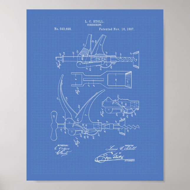 Korkskruv 1897 Patent Art - Blueprint Poster (Framsidan)