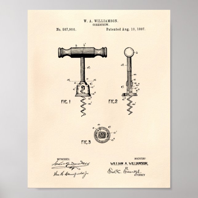 Korkskruv 1897 Patent Art Old Peper Poster (Framsidan)