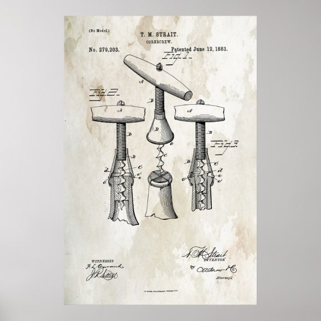 Korkskruv Patent Print 1883 Poster (Framsidan)