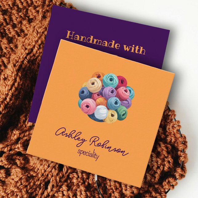 Korlorgarn framställt med kärlek gult fyrkantigt visitkort (Crochet corlorful yarn handmade with love yellow square business card)