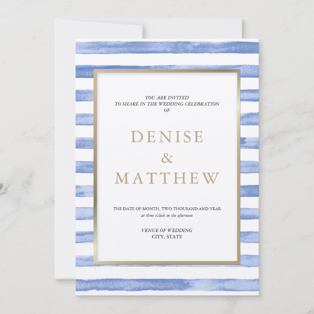 Kornblå akvarellrandig & förgylld text inbjudningar (Framsida)