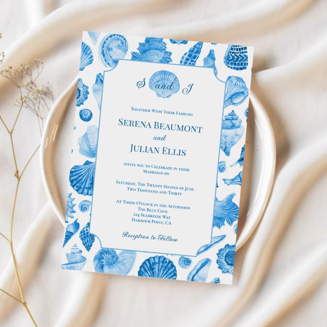 Kornblå kustsnäckbröllop inbjudningar (Cornflower Blue Coastal Seashell Wedding Invitation)