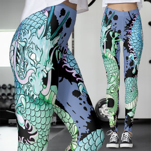 Kornblå och grön stänk Drak Tatuering Leggings