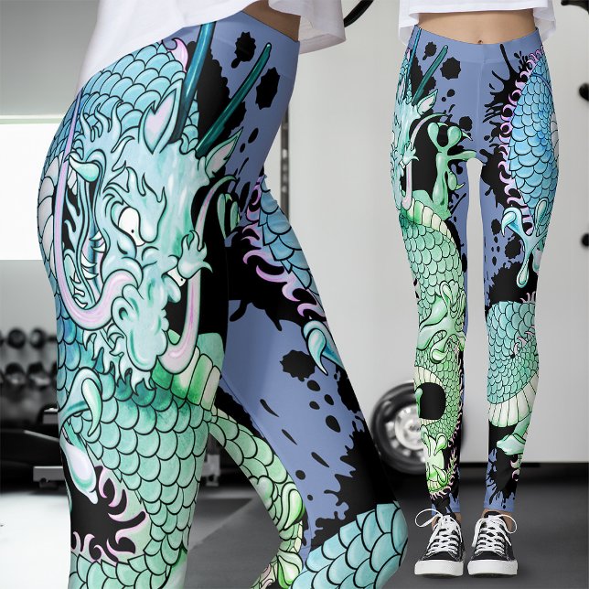 Kornblå och grön stänk Drak Tatuering Leggings (Skapare uppladdad)