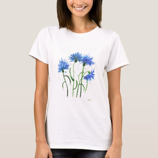 Kornblommor blå blommor akvarell rustik vacker t shirt (Framsida)