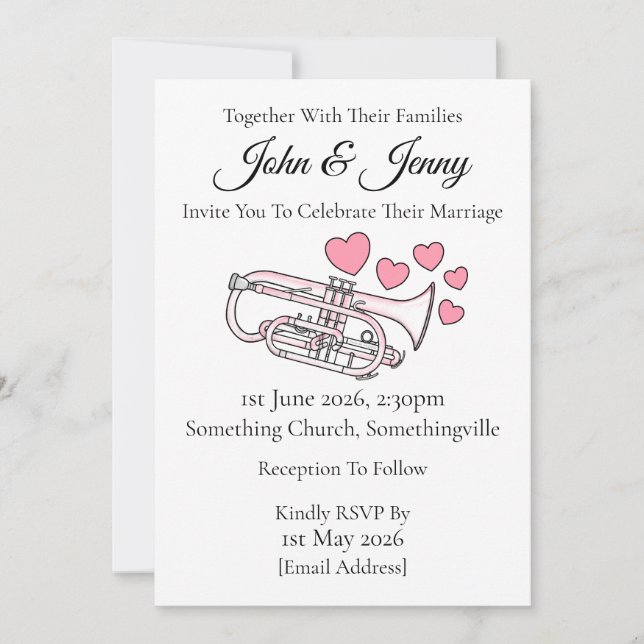 Kornett bröllopsinbjudan brassmusiker inbjudningar (Framsida)