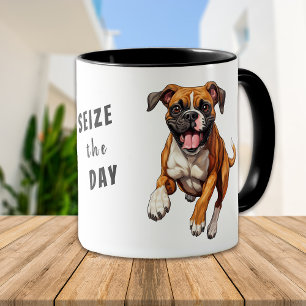 Körning av Funny Boxer Hund Seize Dag Mugg