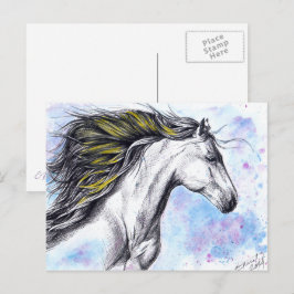 Körning av konst av häst Watercolor och Bläck Vykort