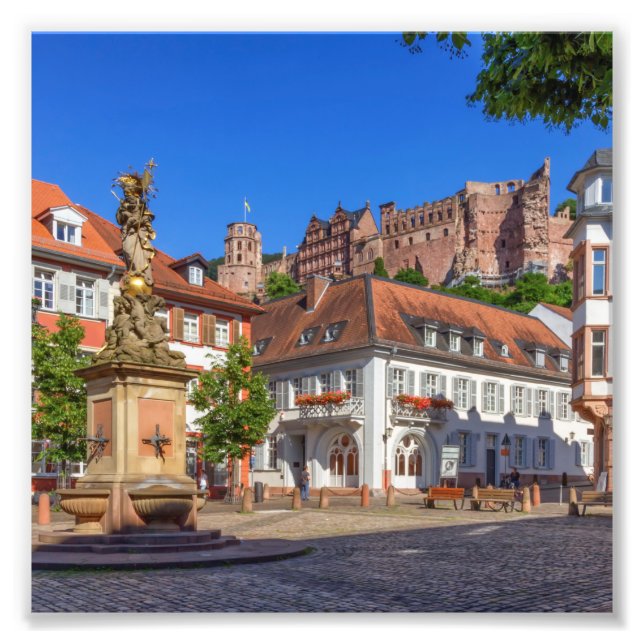 Kornmarkt square och castle i Heidelberg, Tyskland Fototryck (Framsidan)