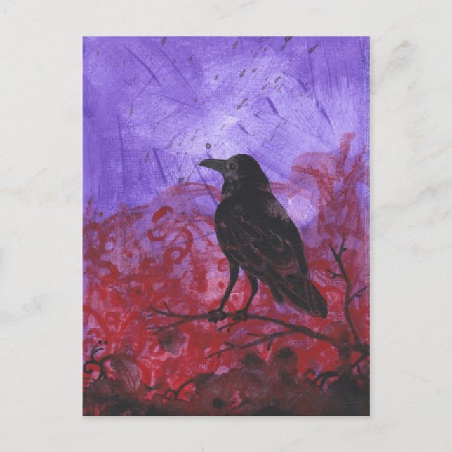 Korp på Röd + Lila abstrakt kråka art vykort (Framsida)