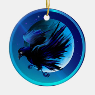 Korpsvarta och måneprydnadar julgransprydnad keramik