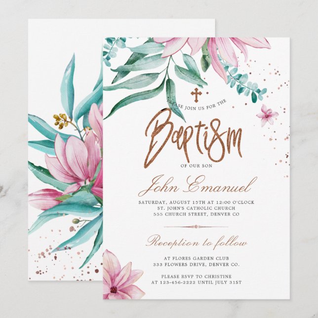 Kors akvarell elegant blomster dop inbjudningar (Fram/baksida)