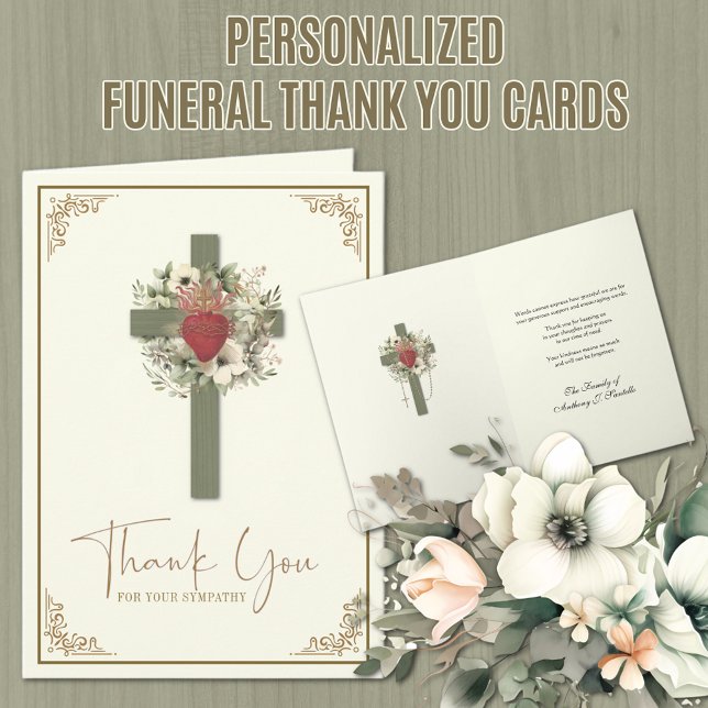 Kors Blommig Katolsk Begravning Kondoleans Tack Kort (Traditional Catholic Funeral Sympathy Thank You Card with Sacred Heart of Jesus)